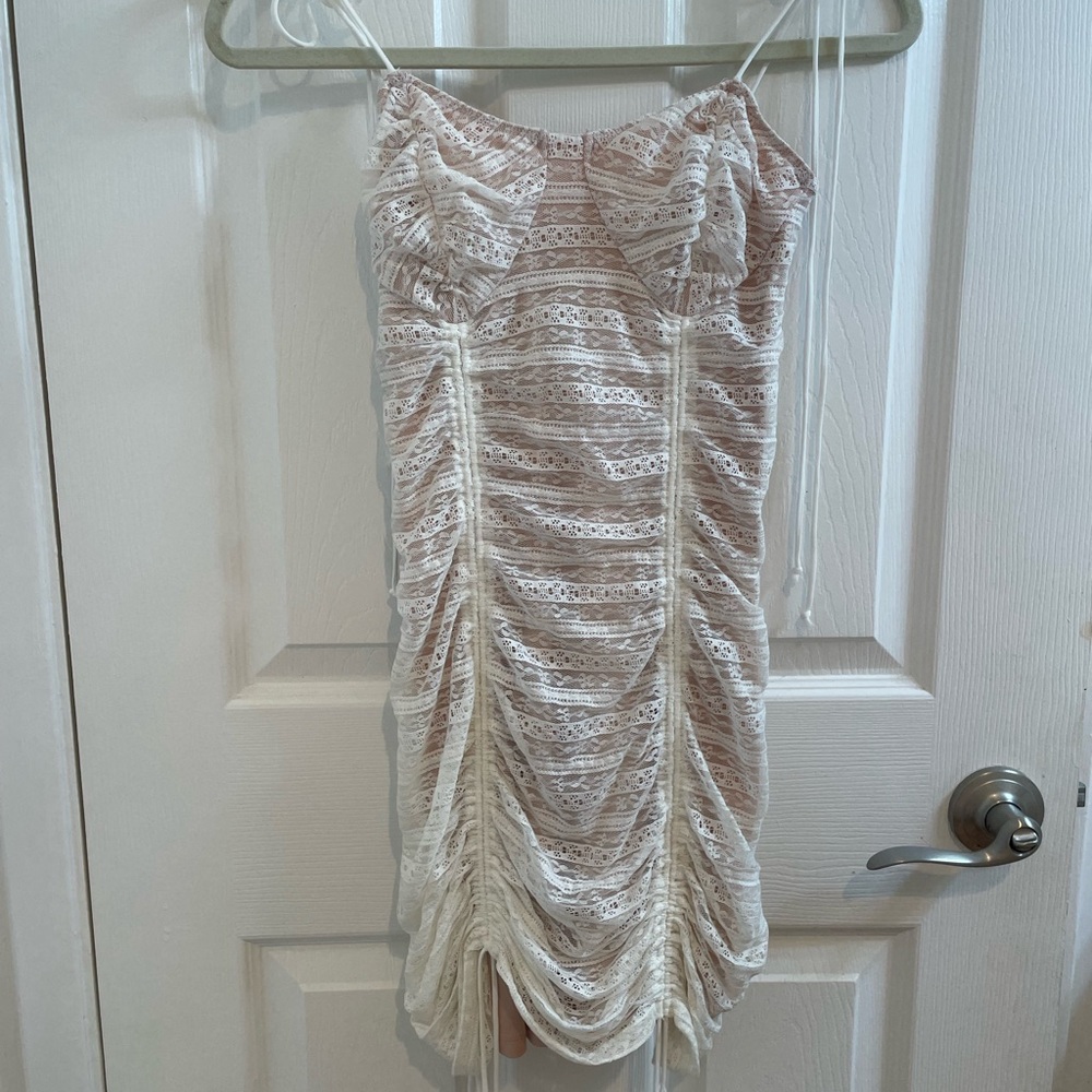 Elegant Cream Lace Ruched Dress